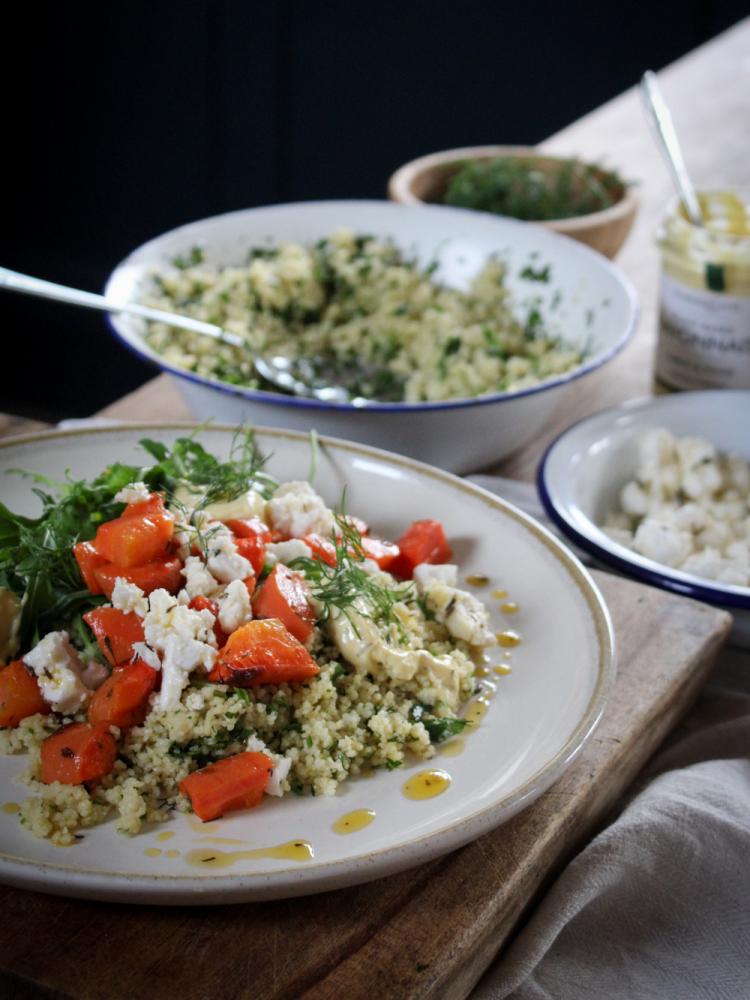 WARM LEMON & HERB COUS COUS WITH ROASTED CARROT & FETA