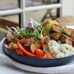 Charlie & Ivy's Rainbow Tofu Bowl with Lime Rice & BBQ Veggies 