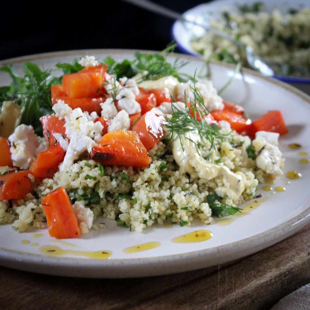 Warm Lemon & Herb Cous Cous with Roasted Carrot & Veg