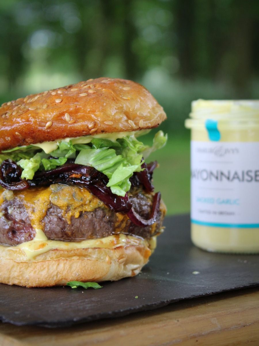 Burger on garden table